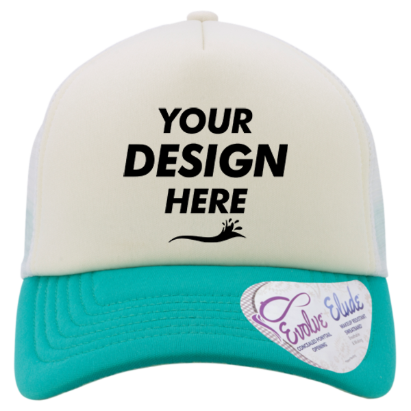 Infinity Her Women's Foam Trucker Cap, Ivory / Jade / White / Swirl, Front view, Mockup