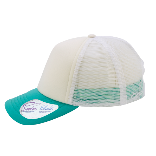 Infinity Her Women's Foam Trucker Cap, Ivory / Jade / White / Swirl, Left Side view