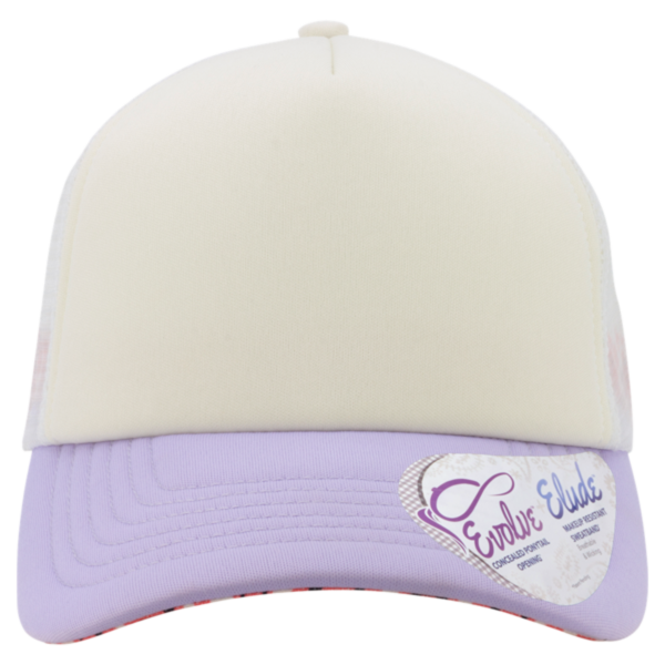 Infinity Her Women's Foam Trucker Cap, Ivory / Lavender / White / Smiley, Front view