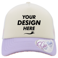 Infinity Her Women's Foam Trucker Cap, Ivory / Lavender / White / Smiley, Front view, Mockup