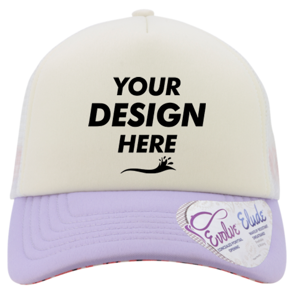 Infinity Her Women's Foam Trucker Cap, Ivory / Lavender / White / Smiley, Front view, Mockup