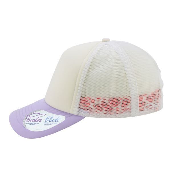 Infinity Her Women's Foam Trucker Cap, Ivory / Lavender / White / Smiley, Left Side view