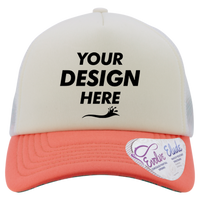 Infinity Her Women's Foam Trucker Cap, Ivory / Sherbert / White / Floral, Front view, Mockup