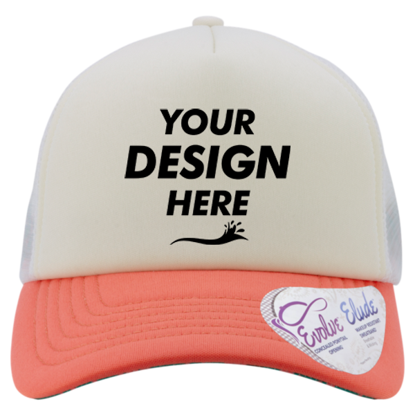Infinity Her Women's Foam Trucker Cap, Ivory / Sherbert / White / Floral, Front view, Mockup