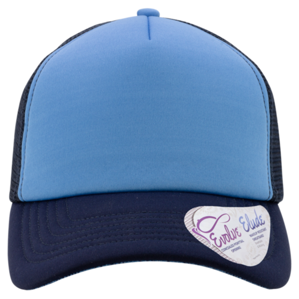 Infinity Her Women's Foam Trucker Cap, Light Blue / Navy / Navy / Graffiti, Front view