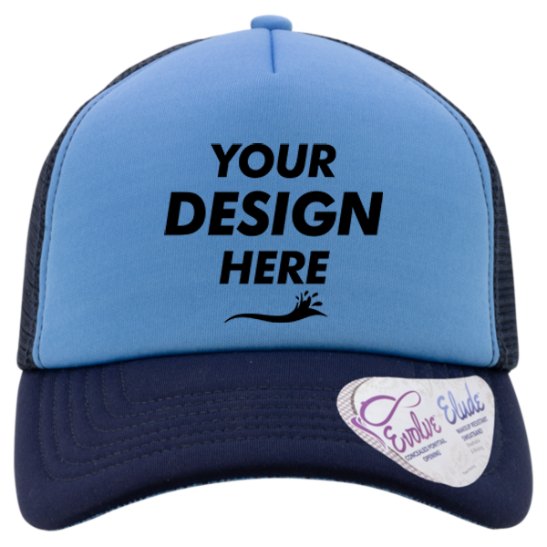 Infinity Her Women's Foam Trucker Cap, Light Blue / Navy / Navy / Graffiti, Front view, Mockup