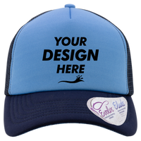 Infinity Her Women's Foam Trucker Cap, Light Blue / Navy / Navy / Graffiti, Front view, Mockup