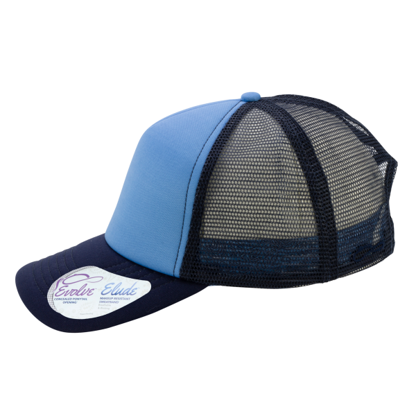 Infinity Her Women's Foam Trucker Cap, Light Blue / Navy / Navy / Graffiti, Left Side view