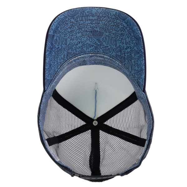 Infinity Her Women's Foam Trucker Cap, Light Blue / Navy / Navy / Graffiti, Visor view