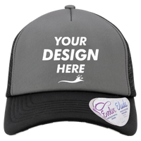 Infinity Her Women's Foam Trucker Cap, Slate / Black / Black / Cow, Front view, Mockup