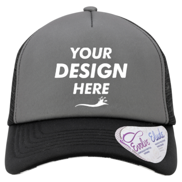 Infinity Her Women's Foam Trucker Cap, Slate / Black / Black / Cow, Front view, Mockup