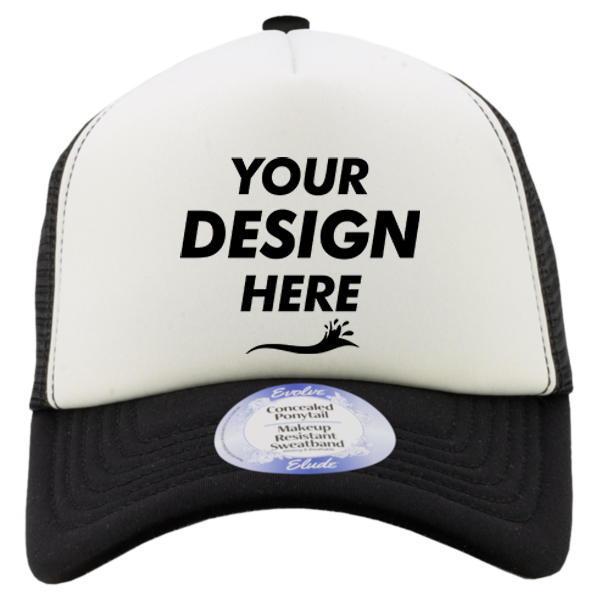 Infinity Her Women's Foam Trucker Cap, White / Black / Camo / Camo, Front view, Mockup