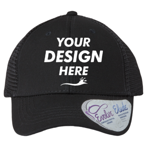 Infinity Her Women's Modern Trucker Cap, Black / Black, Front view, Mockup