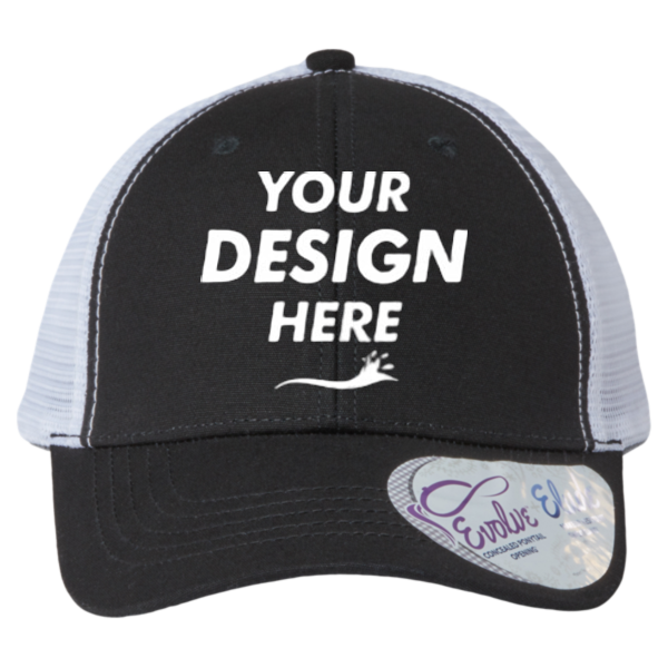 Infinity Her Women's Modern Trucker Cap, Black / White, Front view, Mockup