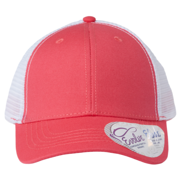 Infinity Her Women's Modern Trucker Cap, Coral / White, Front view