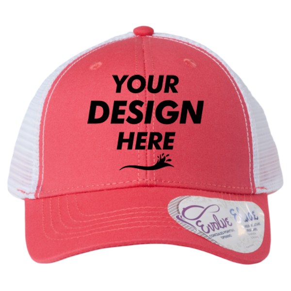 Infinity Her Women's Modern Trucker Cap, Coral / White, Front view, Mockup