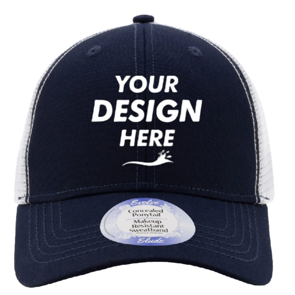 Infinity Her Women's Modern Trucker Cap, Dark Navy / White, Front view, Mockup
