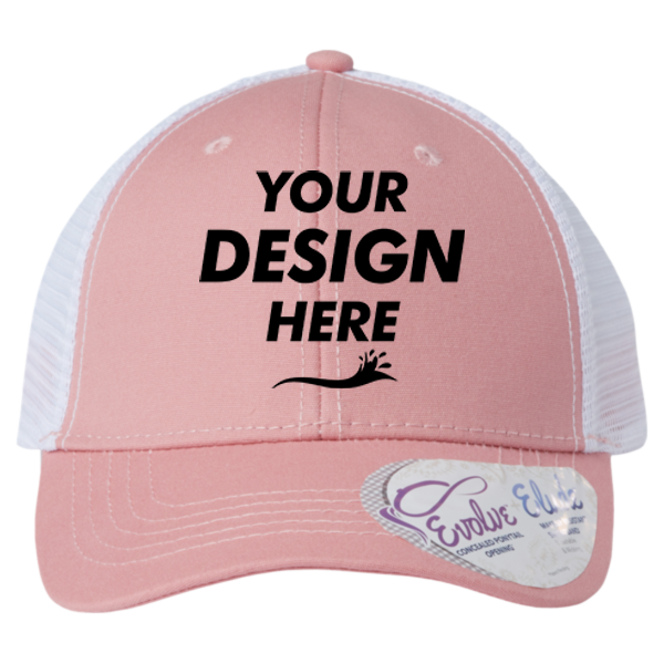 Infinity Her Women's Modern Trucker Cap, Dusty Rose / White, Front view, Mockup