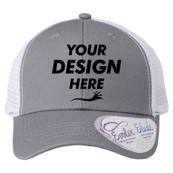 Infinity Her Women's Modern Trucker Cap, Grey / White, Front view, Mockup