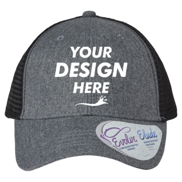 Infinity Her Women's Modern Trucker Cap, Heather Grey / Black, Front view, Mockup