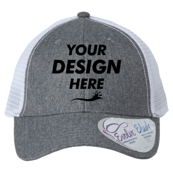 Infinity Her Women's Modern Trucker Cap, Heather Grey / White, Front view, Mockup