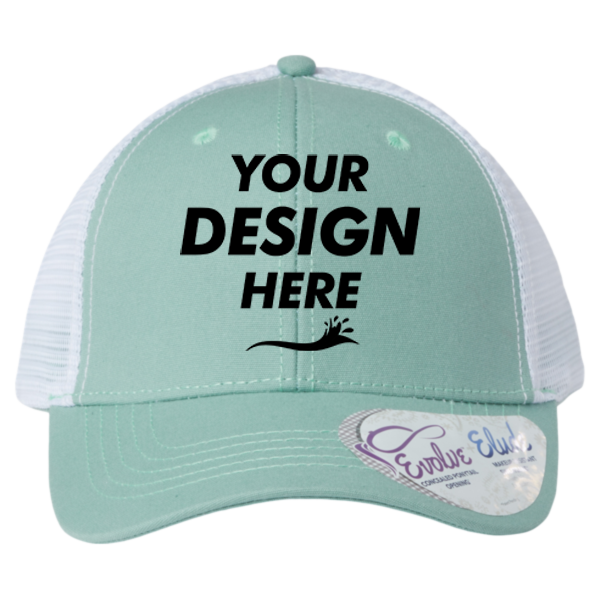 Infinity Her Women's Modern Trucker Cap, Seafoam / White, Front view, Mockup