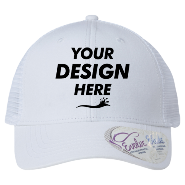 Infinity Her Women's Modern Trucker Cap, White / White, Front view, Mockup