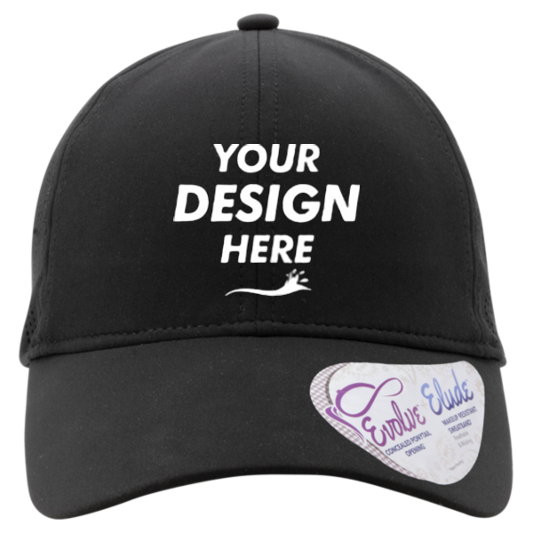 Infinity Her Women's Perforated Performance Cap, Black / Swirl, Front view, Mockup