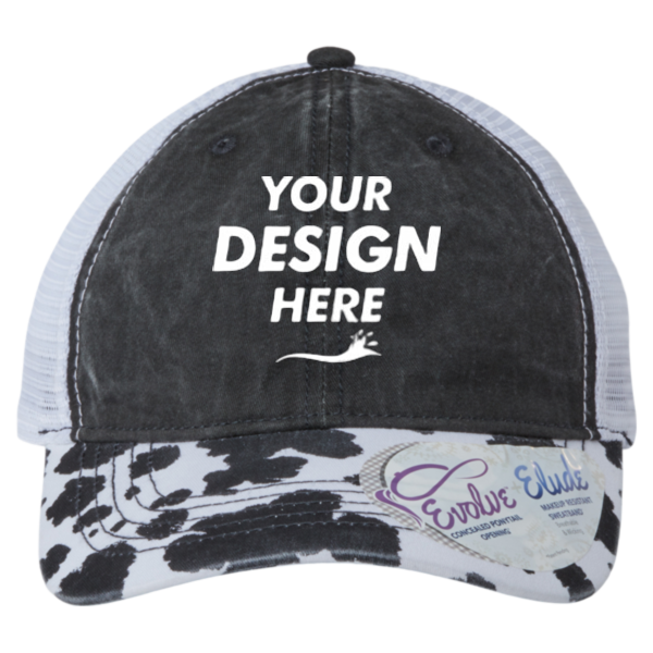 Infinity Her Women's Printed Bill with Mesh Back Cap, Black / Cow / White, Front view, Mockup