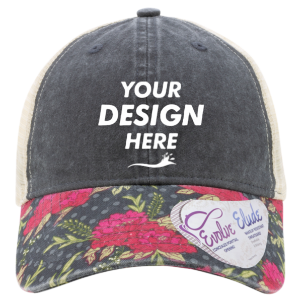 Infinity Her Women's Printed Bill with Mesh Back Cap, Black / Floral / Khaki, Front view, Mockup