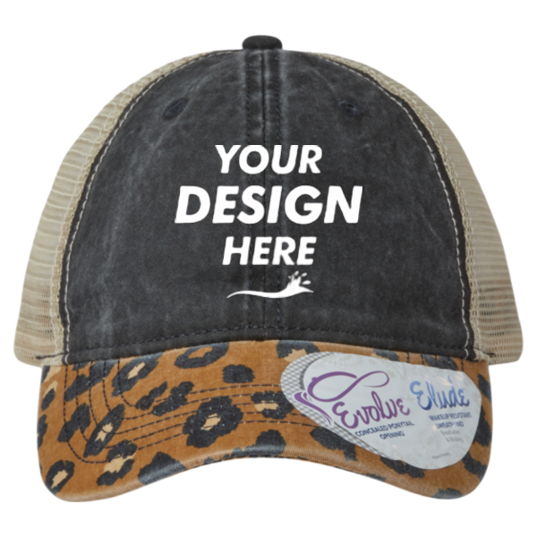 Infinity Her Women's Printed Bill with Mesh Back Cap, Black / Leopard / Khaki, Front view, Mockup