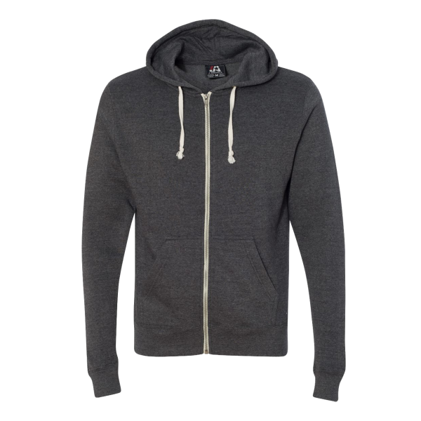 J. America Men's Triblend Full-Zip Hooded Sweatshirt, Black Triblend, Front view