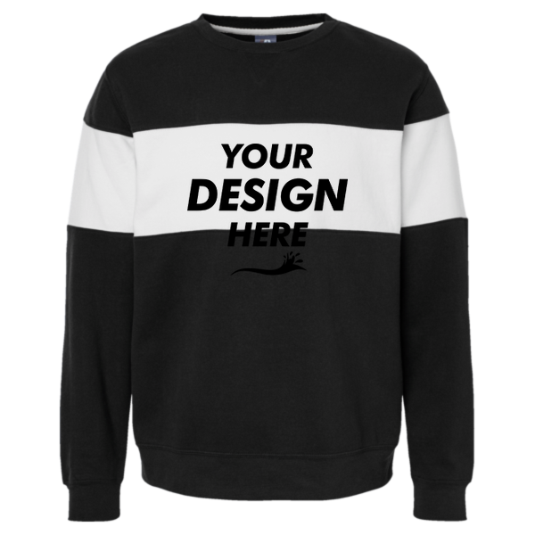 J. America Unisex Varsity Fleece Crewneck Sweatshirt, Black, Front view, Mockup