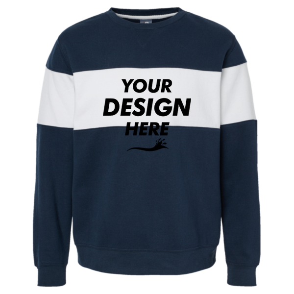 J. America Unisex Varsity Fleece Crewneck Sweatshirt, Navy, Front view, Mockup