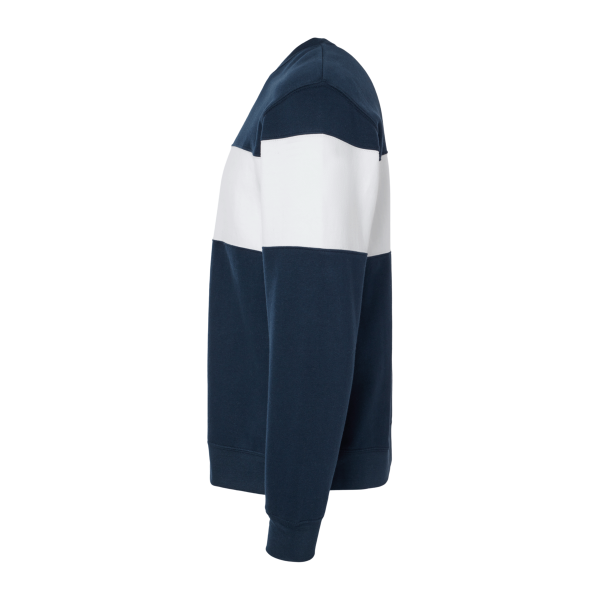 J. America Unisex Varsity Fleece Crewneck Sweatshirt, Navy, Left Sleeve view