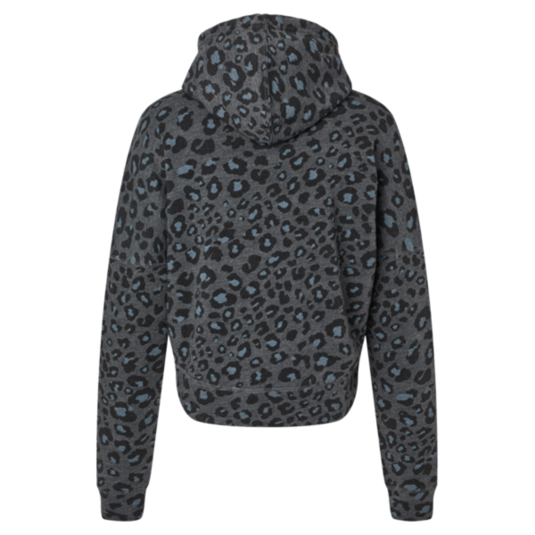 J. America Women's Crop Hooded Sweatshirt, Black Leopard Triblend, Back view