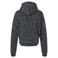 J. America Women's Crop Hooded Sweatshirt, Black Leopard Triblend, Back view