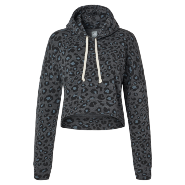 J. America Women's Crop Hooded Sweatshirt, Black Leopard Triblend, Front view