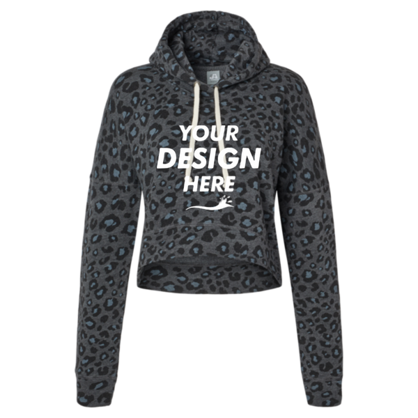J. America Women's Crop Hooded Sweatshirt, Black Leopard Triblend, Front view, Mockup