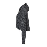 J. America Women's Crop Hooded Sweatshirt, Black Leopard Triblend, Left Sleeve view
