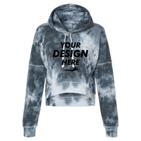 J. America Women's Crop Hooded Sweatshirt, Black Tie Dye, Front view, Mockup