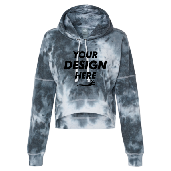 J. America Women's Crop Hooded Sweatshirt, Black Tie Dye, Front view, Mockup