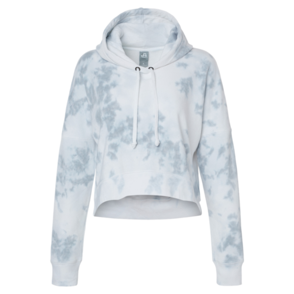 J. America Women's Crop Hooded Sweatshirt, Grey Tie Dye, Front view