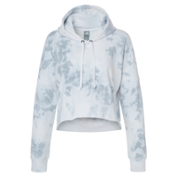 J. America Women's Crop Hooded Sweatshirt, Grey Tie Dye, Front view