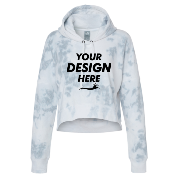 J. America Women's Crop Hooded Sweatshirt, Grey Tie Dye, Front view, Mockup