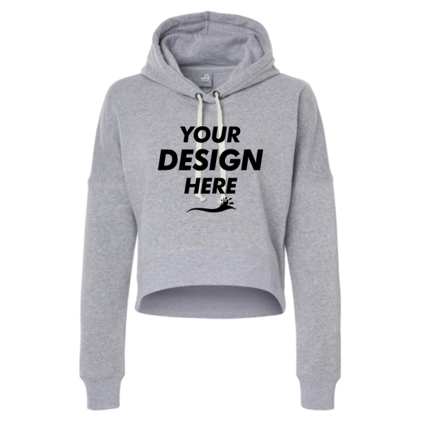 J. America Women's Crop Hooded Sweatshirt, Grey Triblend, Front view, Mockup