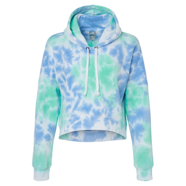 J. America Women's Crop Hooded Sweatshirt, Lagoon Tie Dye, Front view