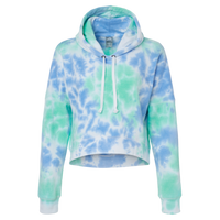 J. America Women's Crop Hooded Sweatshirt, Lagoon Tie Dye, Front view