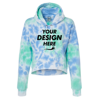 J. America Women's Crop Hooded Sweatshirt, Lagoon Tie Dye, Front view, Mockup