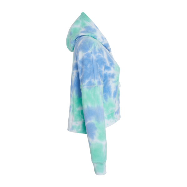 J. America Women's Crop Hooded Sweatshirt, Lagoon Tie Dye, Right Sleeve view